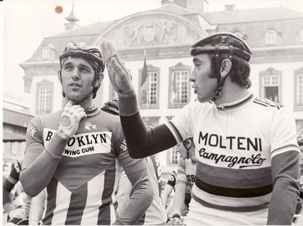 De Vlaeminck and Merckx presumably discussing a steep hill